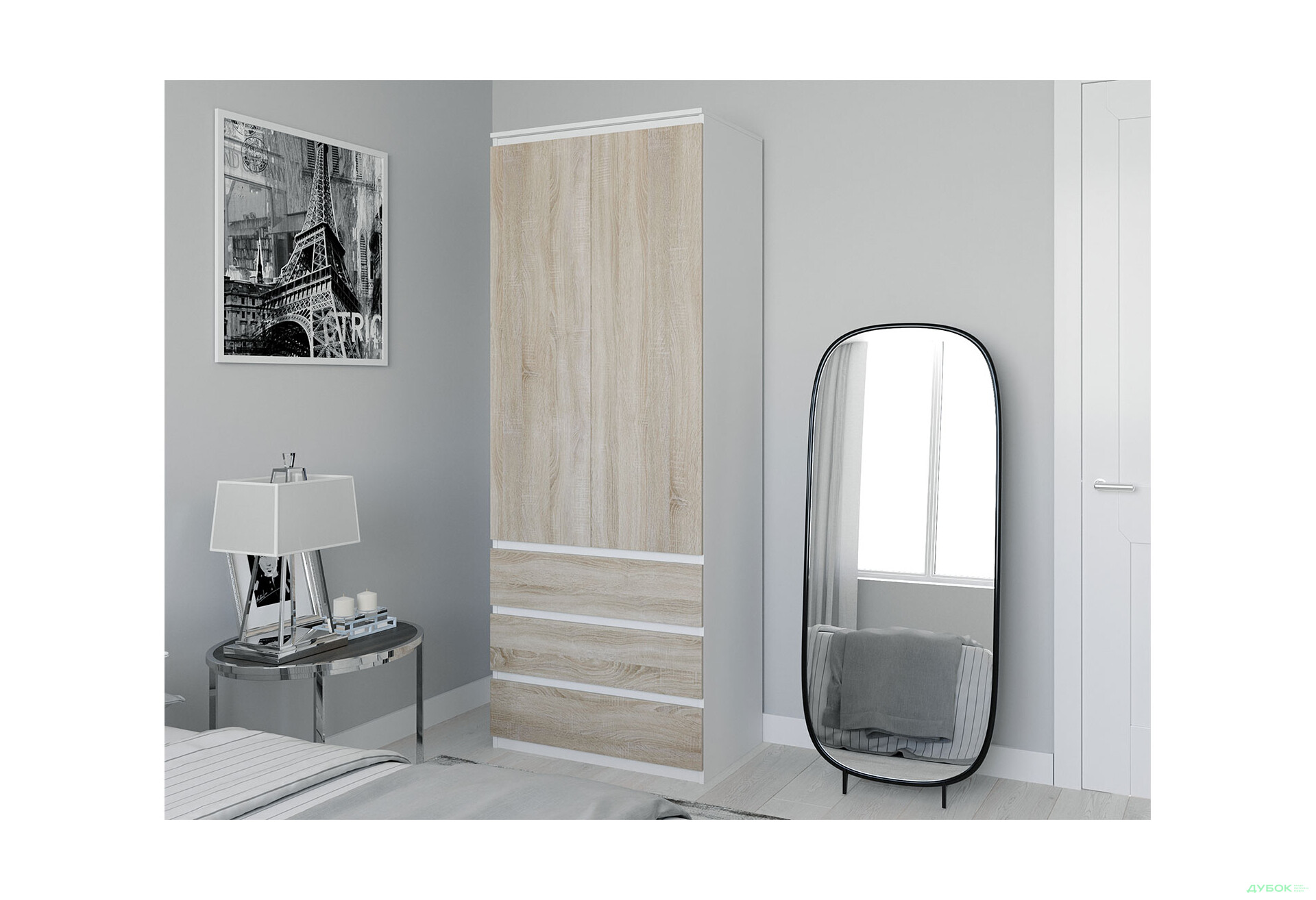 Шафа Moreli Т211 зі штангою та шухлядами 2-дверна 80 см білий / дуб сонома - Зображення 2 Зображення 2 - Шафа Moreli Т211 зі штангою та шухлядами 2-дверна 80 см білий / дуб сонома