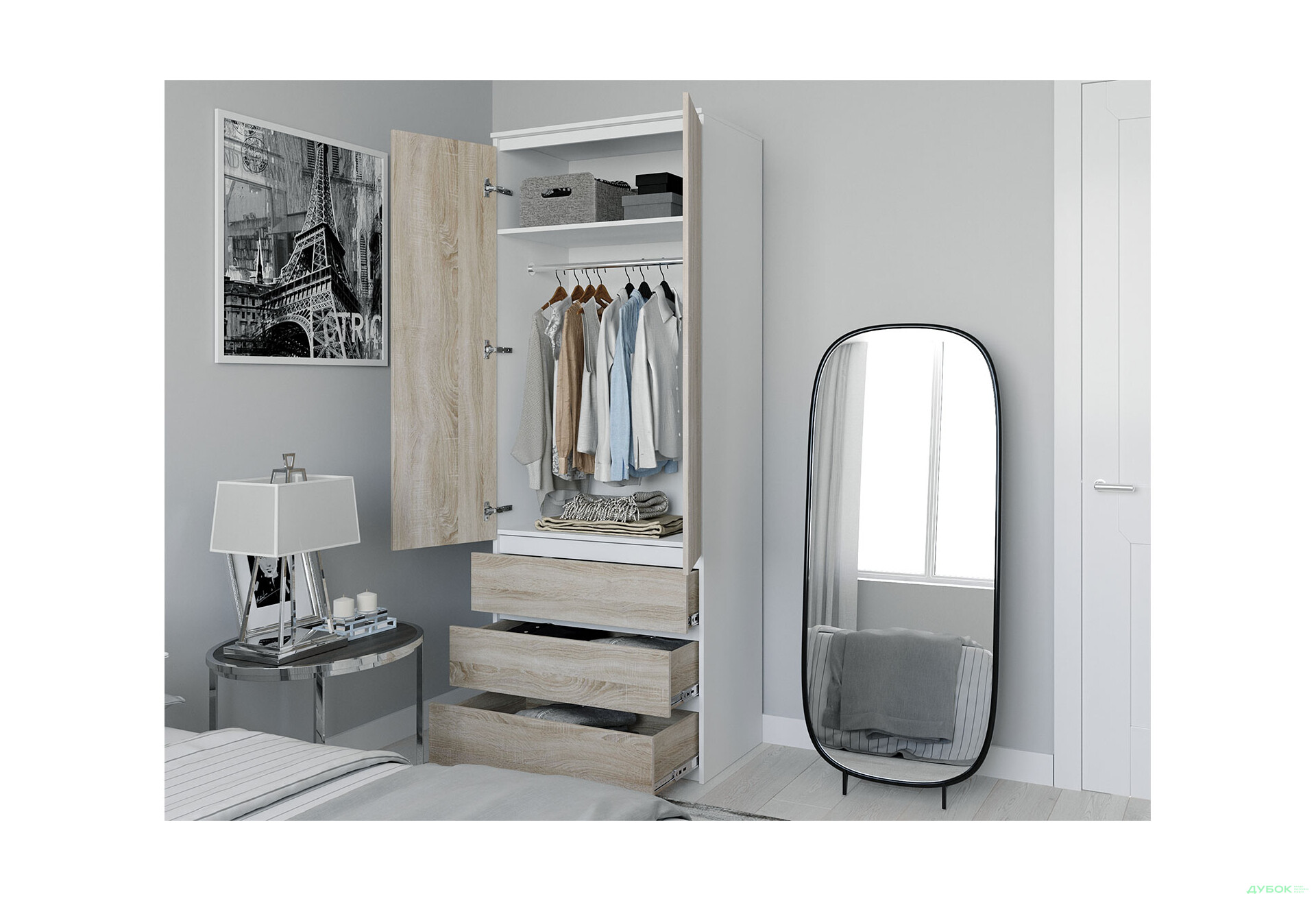 Шафа Moreli Т211 зі штангою та шухлядами 2-дверна 80 см білий / дуб сонома - Зображення 3 Зображення 3 - Шафа Moreli Т211 зі штангою та шухлядами 2-дверна 80 см білий / дуб сонома