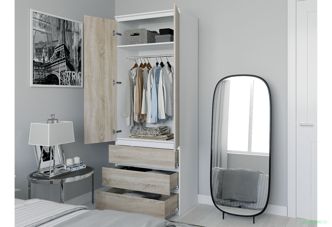 Шафа Moreli Т211 зі штангою та шухлядами 2-дверна 80 см білий / дуб сонома - Зображення 3 Зображення 3 - Шафа Moreli Т211 зі штангою та шухлядами 2-дверна 80 см білий / дуб сонома