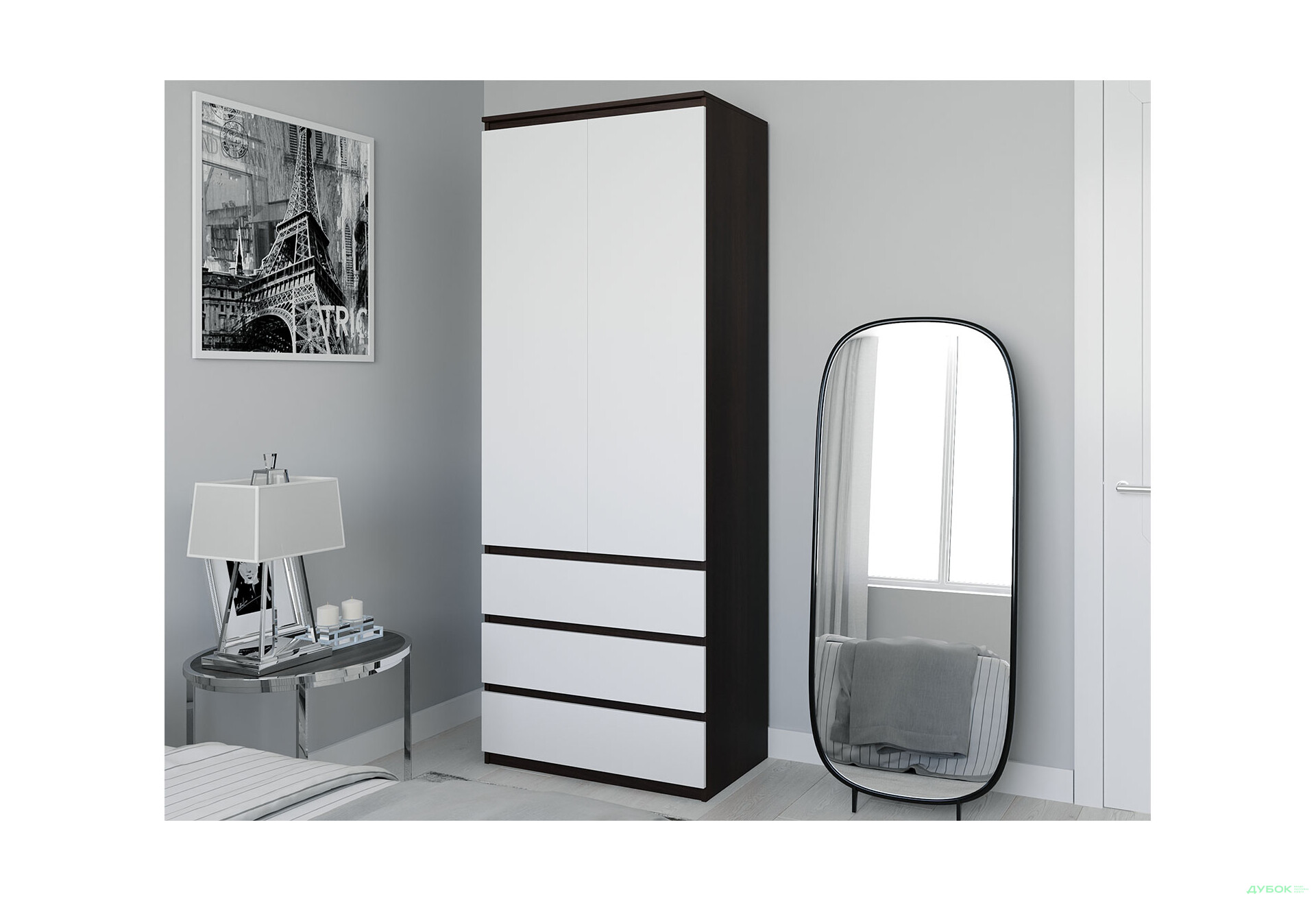 Шафа Moreli Т211 зі штангою та шухлядами 2-дверна 80 см венге магія / білий - Зображення 2 Зображення 2 - Шафа Moreli Т211 зі штангою та шухлядами 2-дверна 80 см венге магія / білий