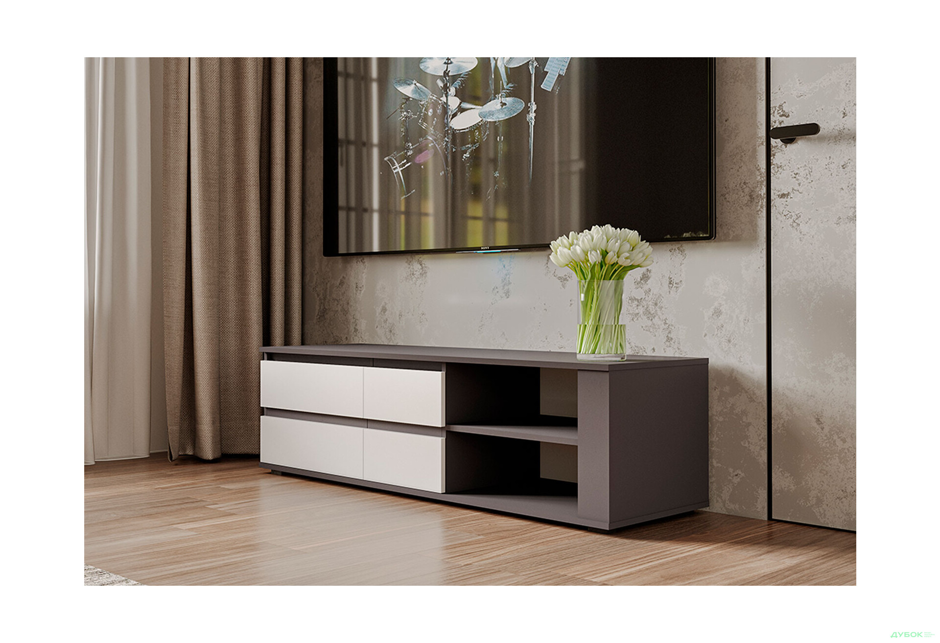 Тумба под ТВ Moreli Лиза (Т205) с 2 дверцами и полками 150 см антрацит / белый - Изображение 2 Изображение 2 - Тумба под ТВ Moreli Лиза (Т205) с 2 дверцами и полками 150 см антрацит / белый
