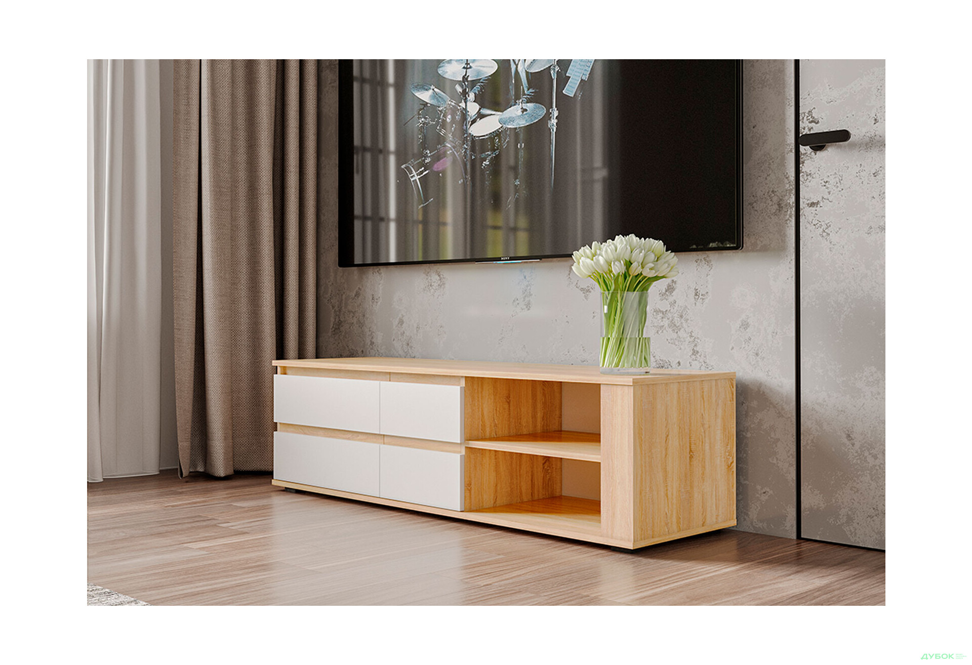 Тумба под ТВ Moreli Лиза (Т205) с 2 дверцами и полками 150 см дуб сонома / белый - Изображение 2 Изображение 2 - Тумба под ТВ Moreli Лиза (Т205) с 2 дверцами и полками 150 см дуб сонома / белый