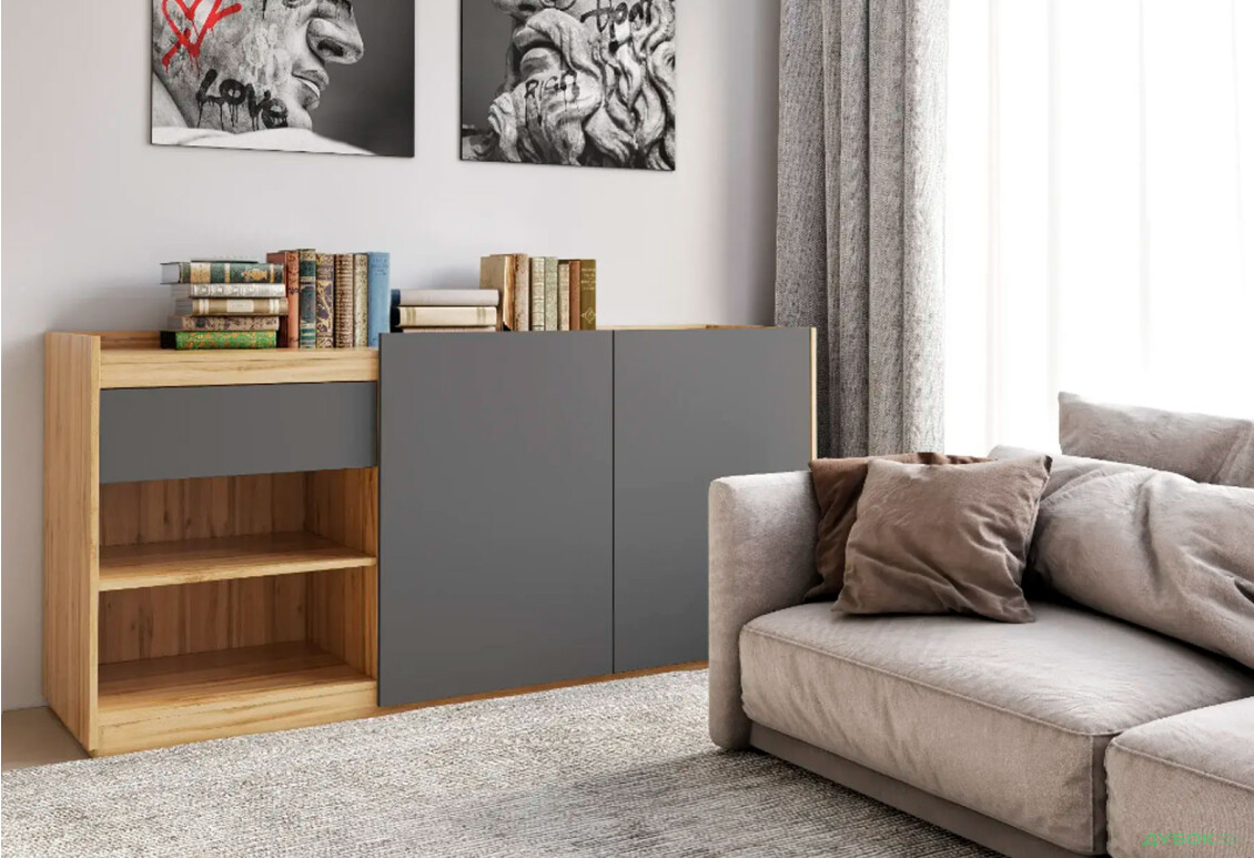 Комод Moreli RS-3 з дверцятами, полицями та шухлядою 184 см дуб аппалачі / антрацит - Зображення 2 Зображення 2 - Комод Moreli RS-3 з дверцятами, полицями та шухлядою 184 см дуб аппалачі / антрацит