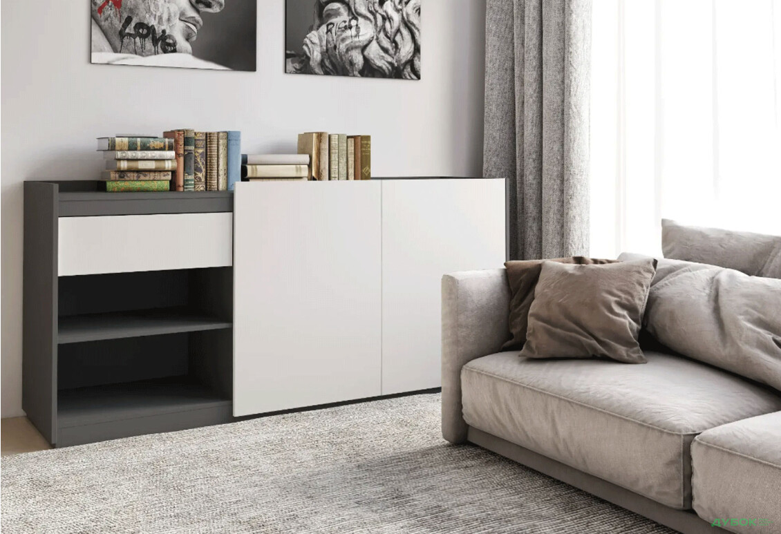 Комод Moreli RS-3 з дверцятами, полицями та шухлядою 184 см антрацит / білий - Зображення 2 Зображення 2 - Комод Moreli RS-3 з дверцятами, полицями та шухлядою 184 см антрацит / білий