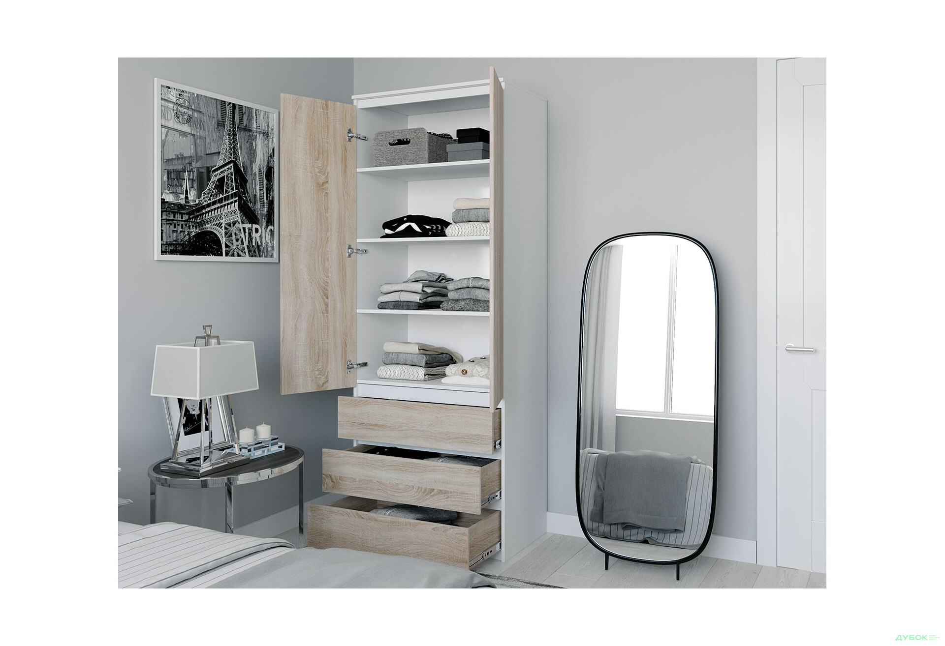 Шафа Moreli Т210 з поличками та шухлядами 2-дверна 80 см білий / дуб сонома - Зображення 3 Зображення 3 - Шафа Moreli Т210 з поличками та шухлядами 2-дверна 80 см білий / дуб сонома