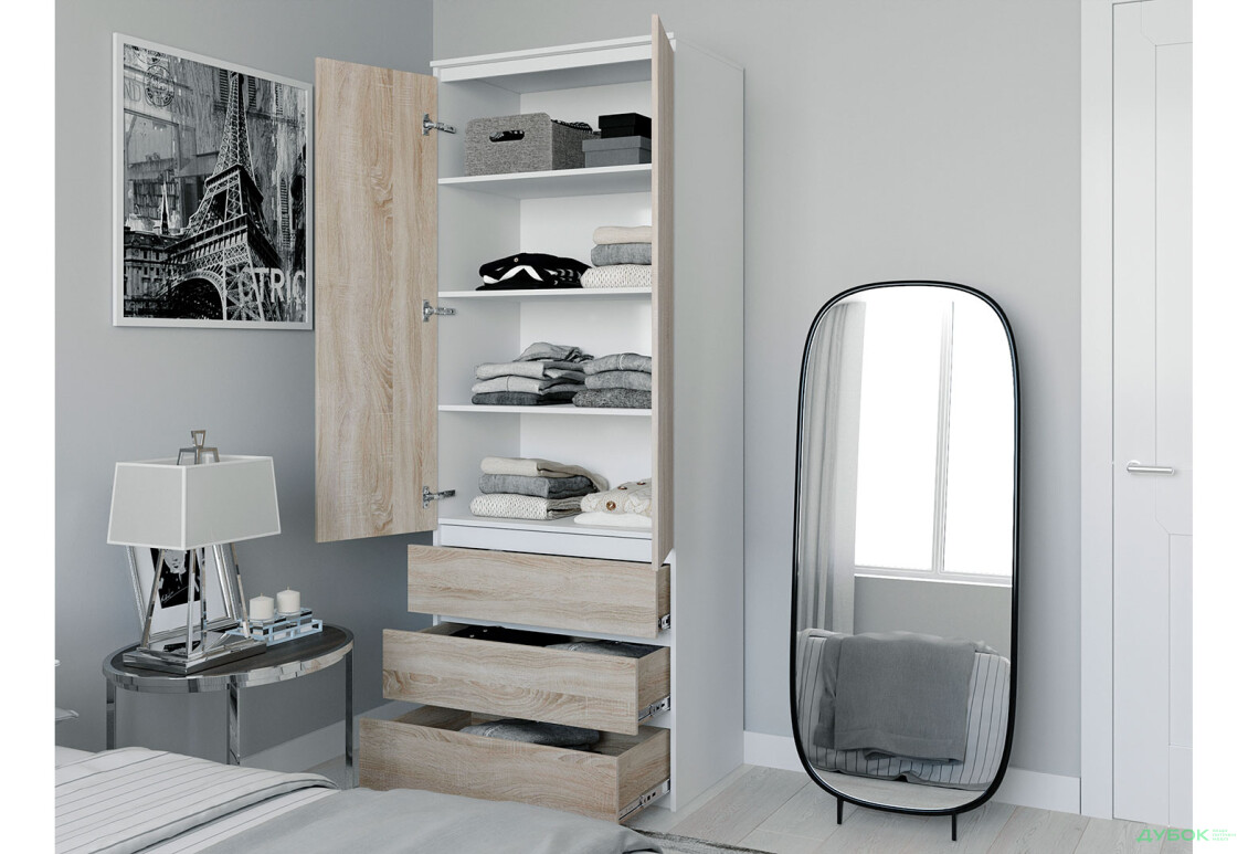 Шафа Moreli Т210 з поличками та шухлядами 2-дверна 80 см білий / дуб сонома - Зображення 3 Зображення 3 - Шафа Moreli Т210 з поличками та шухлядами 2-дверна 80 см білий / дуб сонома