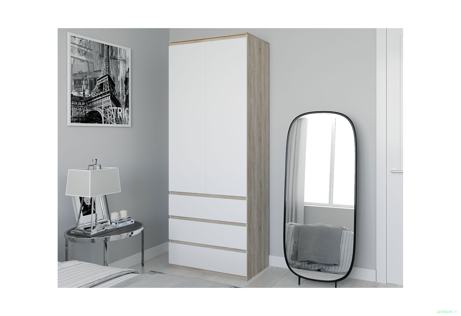 Шафа Moreli Т210 з поличками та шухлядами 2-дверна 80 см дуб сонома / білий - Зображення 2 Зображення 2 - Шафа Moreli Т210 з поличками та шухлядами 2-дверна 80 см дуб сонома / білий