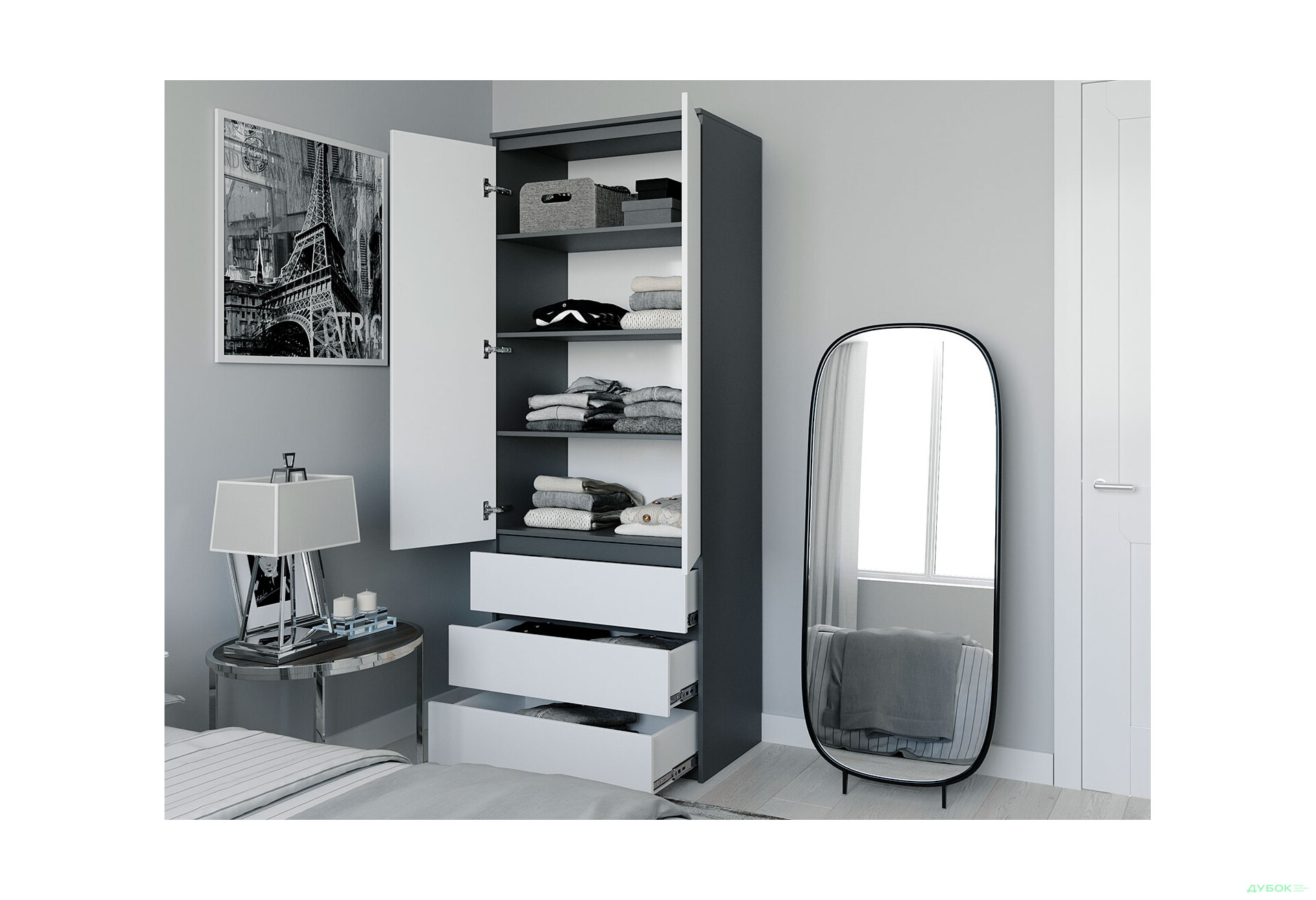 Шафа Moreli Т210 з поличками та шухлядами 2-дверна 80 см антрацит / білий - Зображення 3 Зображення 3 - Шафа Moreli Т210 з поличками та шухлядами 2-дверна 80 см антрацит / білий