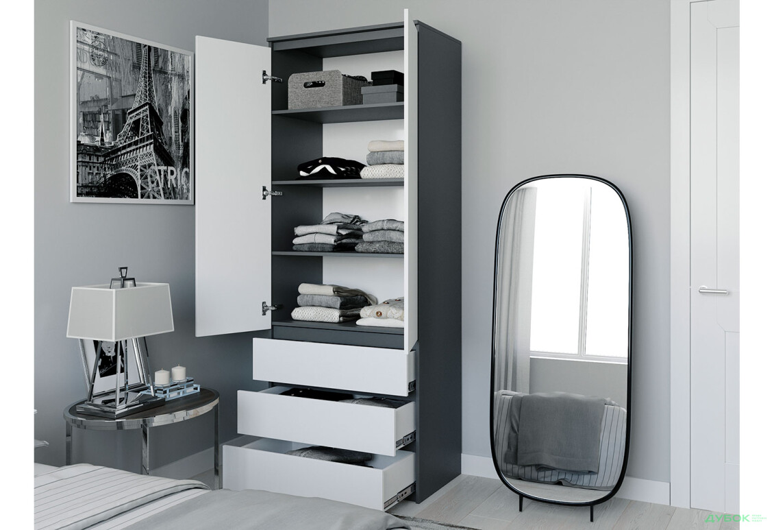 Шафа Moreli Т210 з поличками та шухлядами 2-дверна 80 см антрацит / білий - Зображення 3 Зображення 3 - Шафа Moreli Т210 з поличками та шухлядами 2-дверна 80 см антрацит / білий