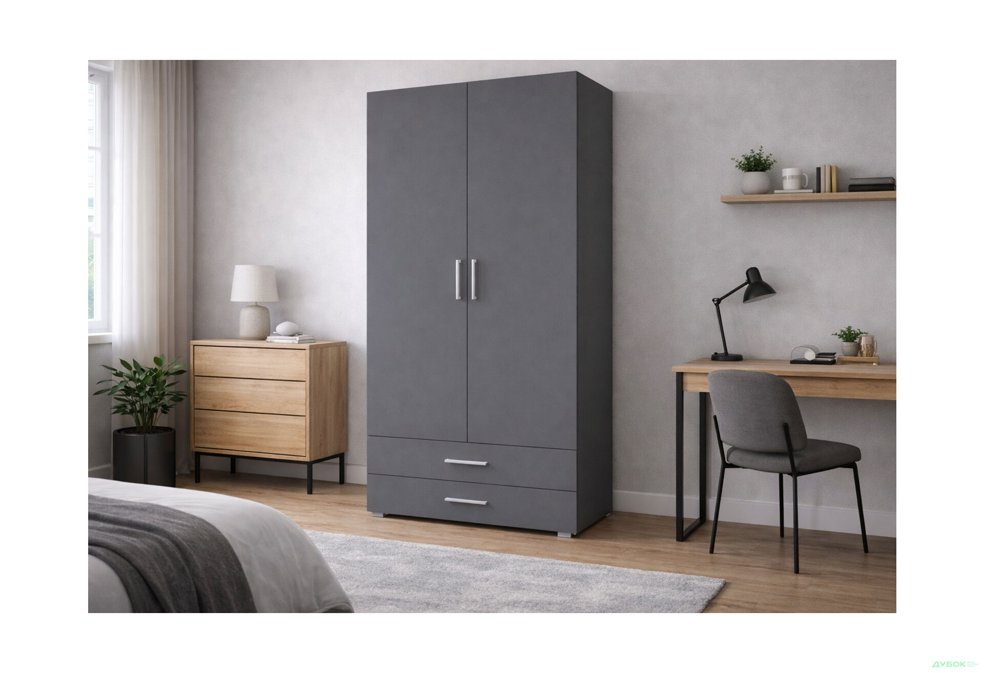 Изображение 2 - Шкаф Moreli ST0002 со штангой и ящиками 2-дверный 100 см антрацит