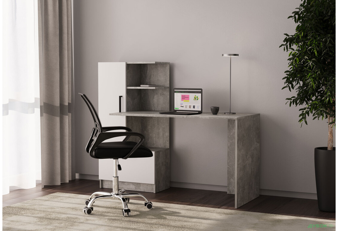 Стіл комп'ютерний Garant Стандарт 150x59 см зі стелажем Індастріал / Німфея альба, збірка ліва - Зображення 2 Зображення 2 - Стіл комп'ютерний Garant Стандарт 150x59 см зі стелажем Індастріал / Німфея альба, збірка ліва