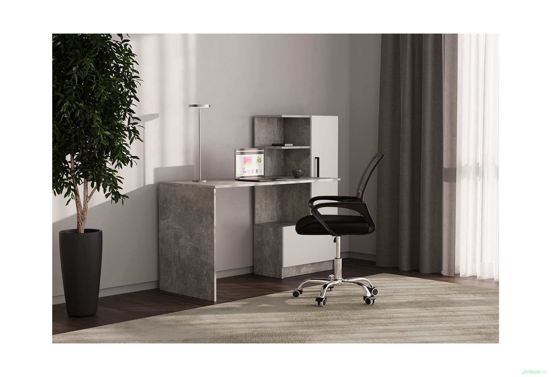 Стіл комп'ютерний Garant Стандарт 150x59 см зі стелажем Індастріал / Німфея альба, збірка права - Зображення 2 Зображення 2 - Стіл комп'ютерний Garant Стандарт 150x59 см зі стелажем Індастріал / Німфея альба, збірка права