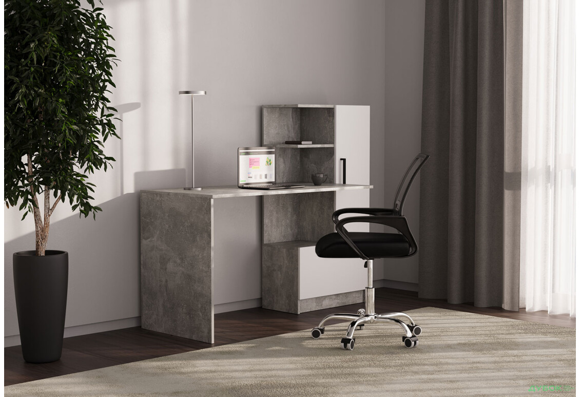 Стіл комп'ютерний Garant Стандарт 150x59 см зі стелажем Індастріал / Німфея альба, збірка права - Зображення 2 Зображення 2 - Стіл комп'ютерний Garant Стандарт 150x59 см зі стелажем Індастріал / Німфея альба, збірка права