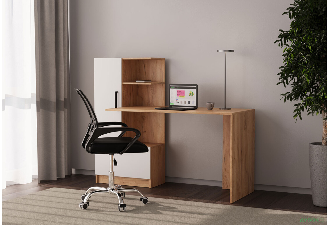 Стіл комп'ютерний Garant Стандарт 150x59 см зі стелажем Дуб крафт золотий / Німфея альба, збірка ліва - Зображення 3 Зображення 3 - Стіл комп'ютерний Garant Стандарт 150x59 см зі стелажем Дуб крафт золотий / Німфея альба, збірка ліва