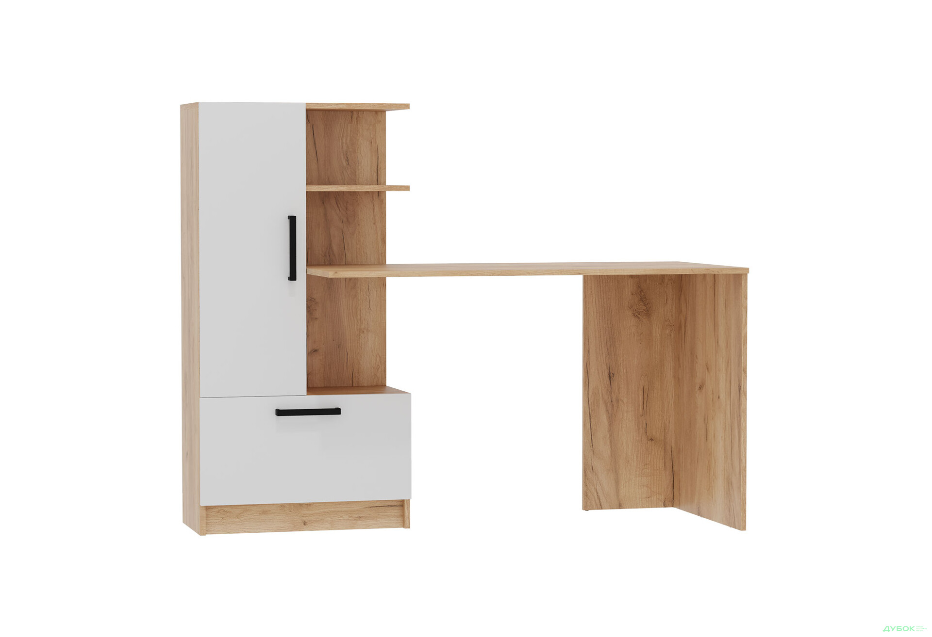 Стіл комп'ютерний Garant Стандарт 150x59 см зі стелажем Дуб крафт золотий / Німфея альба, збірка ліва - Зображення 1 Зображення 1 - Стіл комп'ютерний Garant Стандарт 150x59 см зі стелажем Дуб крафт золотий / Німфея альба, збірка ліва