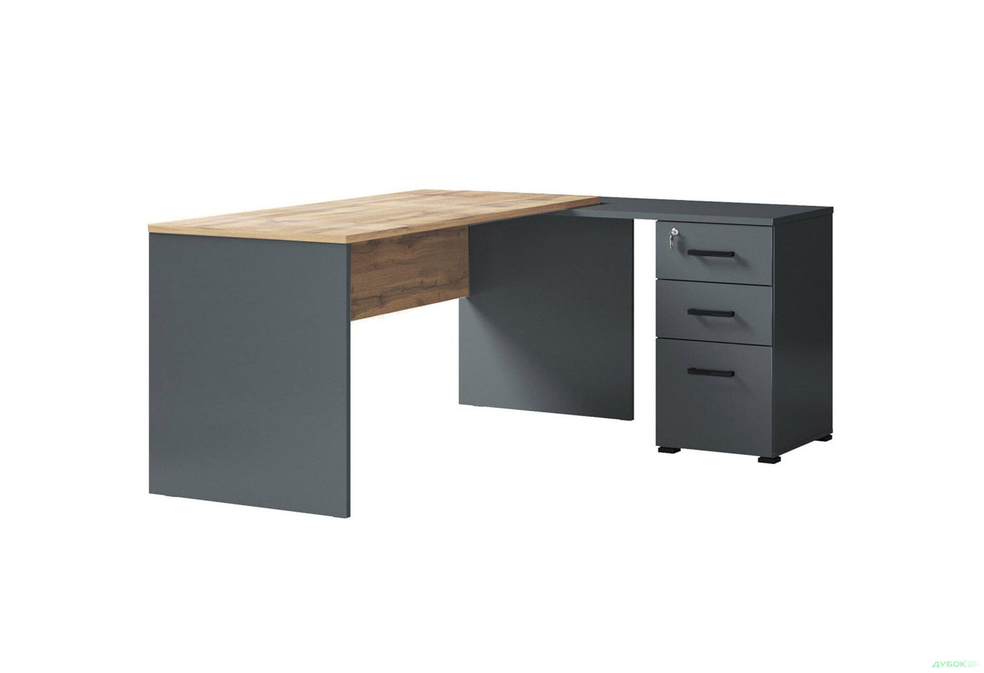 Изображение 1 - Стол письменный для начальника правый МироМарк Джуриан с тумбой 180x140 см, антрацит / дуб вотан