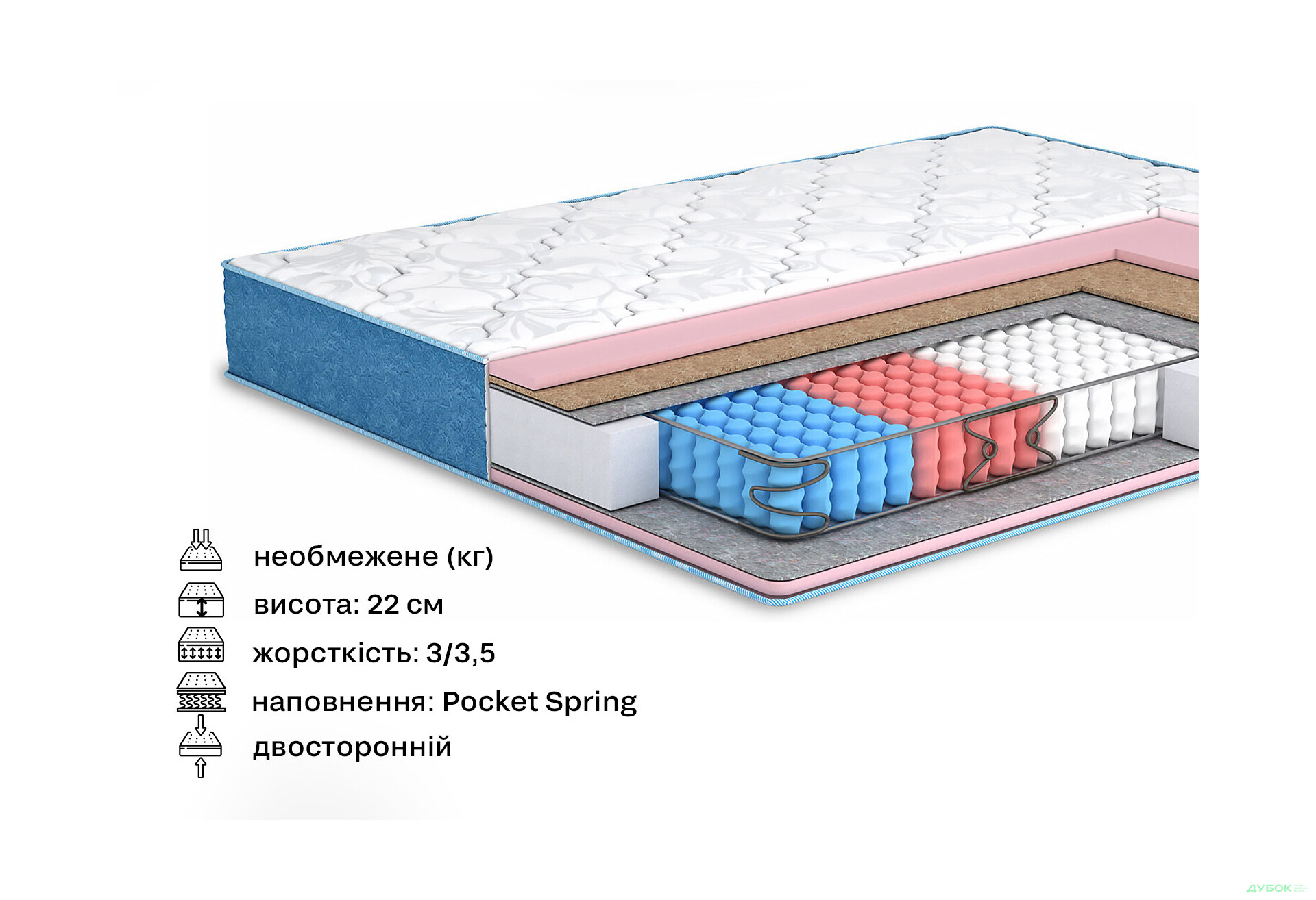 Матрац Азалія / Azalia двосторонній (колекція Butterfly) 80х200 Matroluxe - Зображення 2 Зображення 2 - Матрац Азалія / Azalia двосторонній (колекція Butterfly) 80х200 Matroluxe