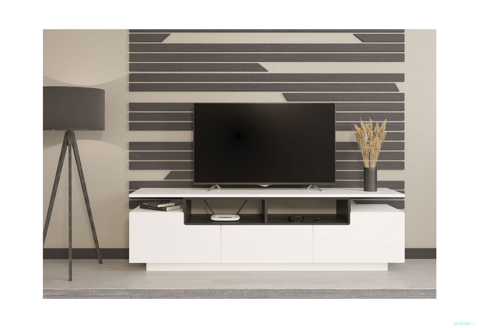 Тумба під ТВ Світ Меблів Мері з 2 дверцятами, шухлядою та полицями 180 см, Німфеа альба, чорний / білий глянець - Зображення 2 Зображення 2 - Тумба під ТВ Світ Меблів Мері з 2 дверцятами, шухлядою та полицями 180 см, Німфеа альба, чорний / білий глянець