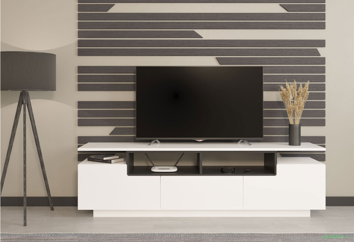 Тумба під ТВ Світ Меблів Мері з 2 дверцятами, шухлядою та полицями 180 см, Німфеа альба, чорний / білий глянець - Зображення 2 Зображення 2 - Тумба під ТВ Світ Меблів Мері з 2 дверцятами, шухлядою та полицями 180 см, Німфеа альба, чорний / білий глянець