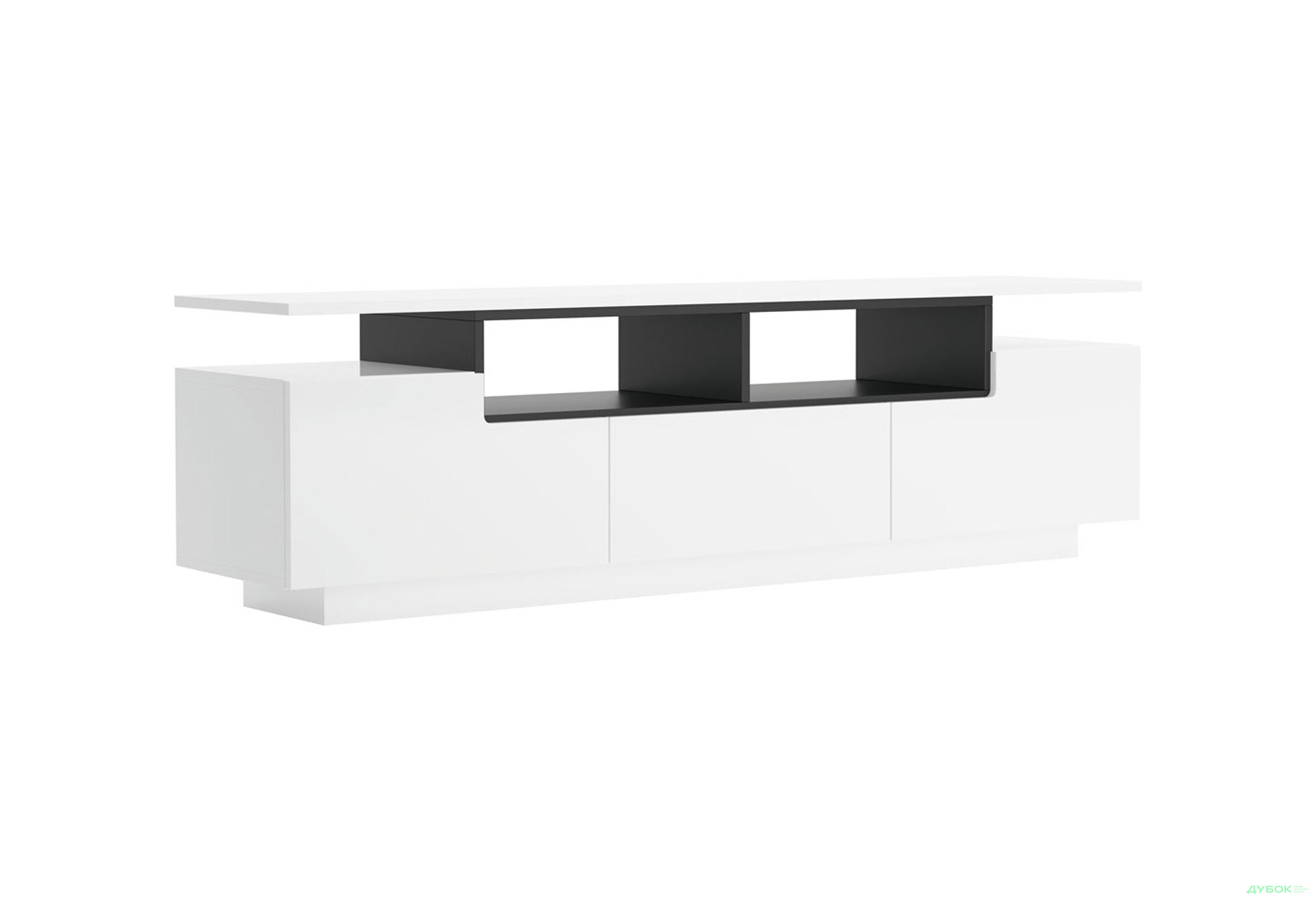 Тумба під ТВ Світ Меблів Мері з 2 дверцятами, шухлядою та полицями 180 см, Німфеа альба, чорний / білий глянець - Зображення 3 Зображення 3 - Тумба під ТВ Світ Меблів Мері з 2 дверцятами, шухлядою та полицями 180 см, Німфеа альба, чорний / білий глянець