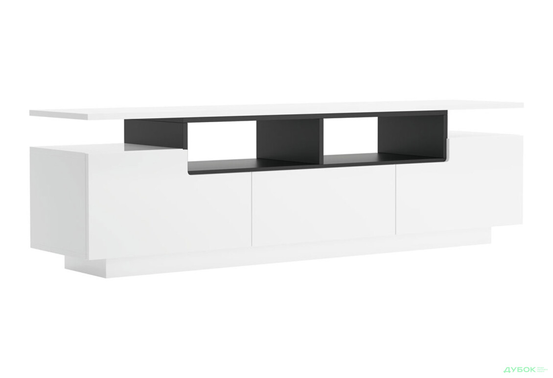 Тумба під ТВ Світ Меблів Мері з 2 дверцятами, шухлядою та полицями 180 см, Німфеа альба, чорний / білий глянець - Зображення 3 Зображення 3 - Тумба під ТВ Світ Меблів Мері з 2 дверцятами, шухлядою та полицями 180 см, Німфеа альба, чорний / білий глянець