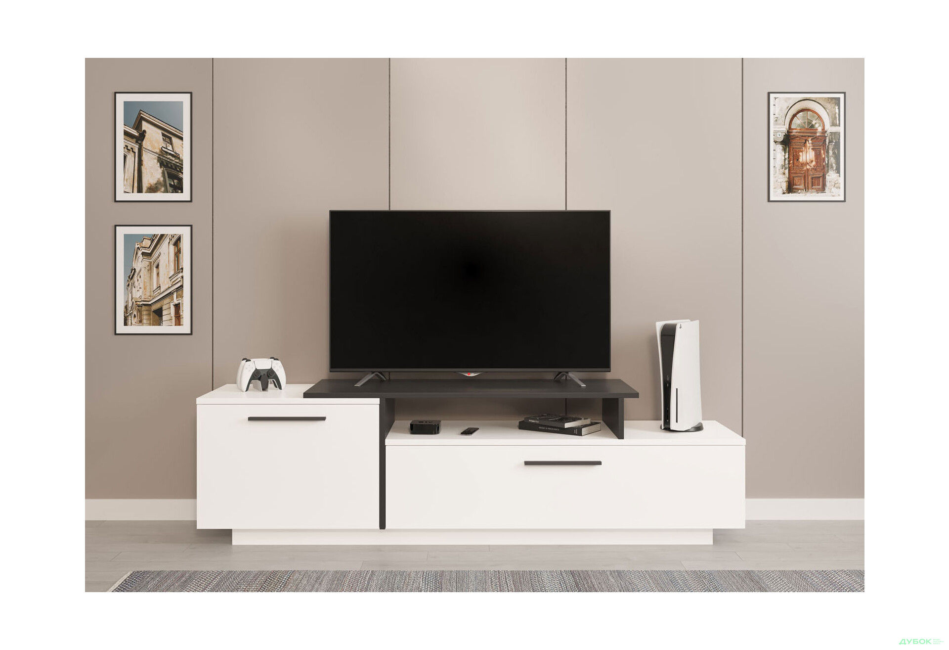 Тумба под ТВ Svit Mebliv Фиби с дверцами и полками 180 см, Нимфеа альба, черный / нимфеа альба - Изображение 2 Изображение 2 - Тумба под ТВ Svit Mebliv Фиби с дверцами и полками 180 см, Нимфеа альба, черный / нимфеа альба