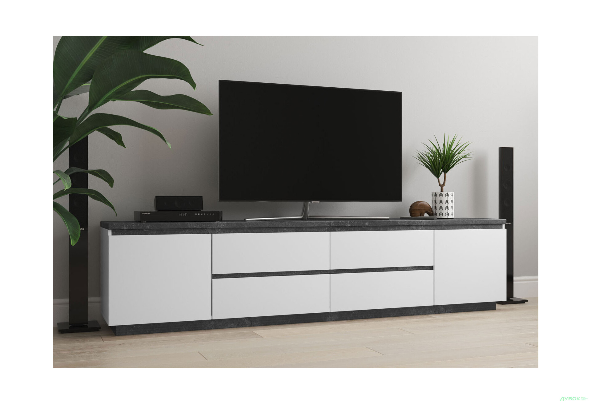 Тумба під ТВ Світ Меблів Мія з 4 шухлядами та дверцятами 230 см, білий/бетон темний - Зображення 2 Зображення 2 - Тумба під ТВ Світ Меблів Мія з 4 шухлядами та дверцятами 230 см, білий/бетон темний