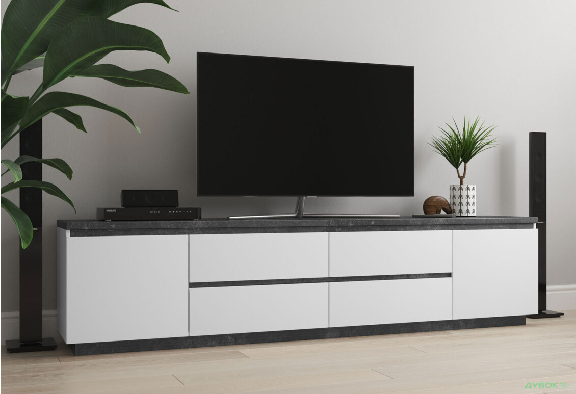 Тумба під ТВ Світ Меблів Мія з 4 шухлядами та дверцятами 230 см, білий/бетон темний - Зображення 2 Зображення 2 - Тумба під ТВ Світ Меблів Мія з 4 шухлядами та дверцятами 230 см, білий/бетон темний