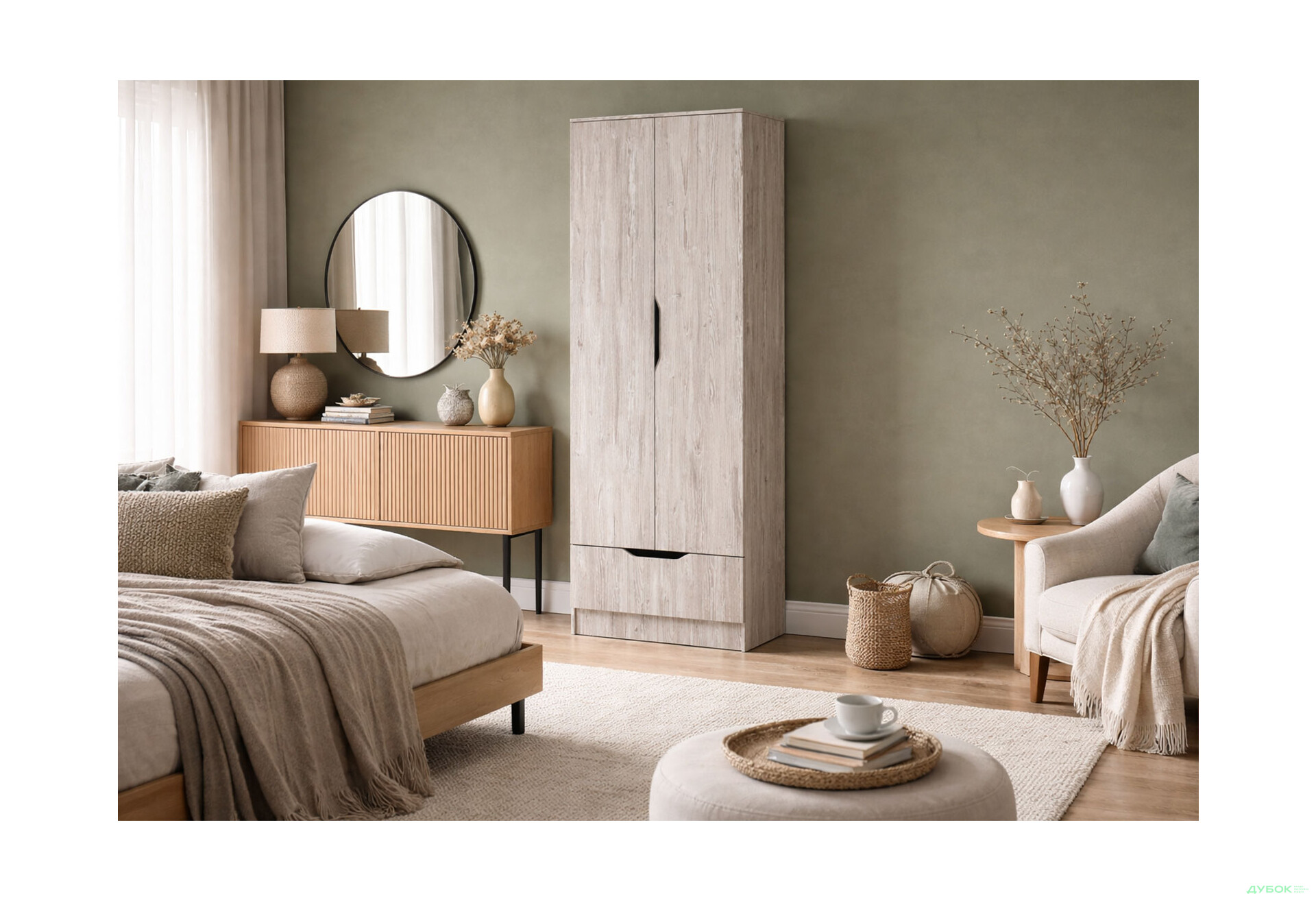 Зображення 2 - Шафа Світ Меблів Локі 2-дверна з шухлядою 80 см, Артвуд світлий 