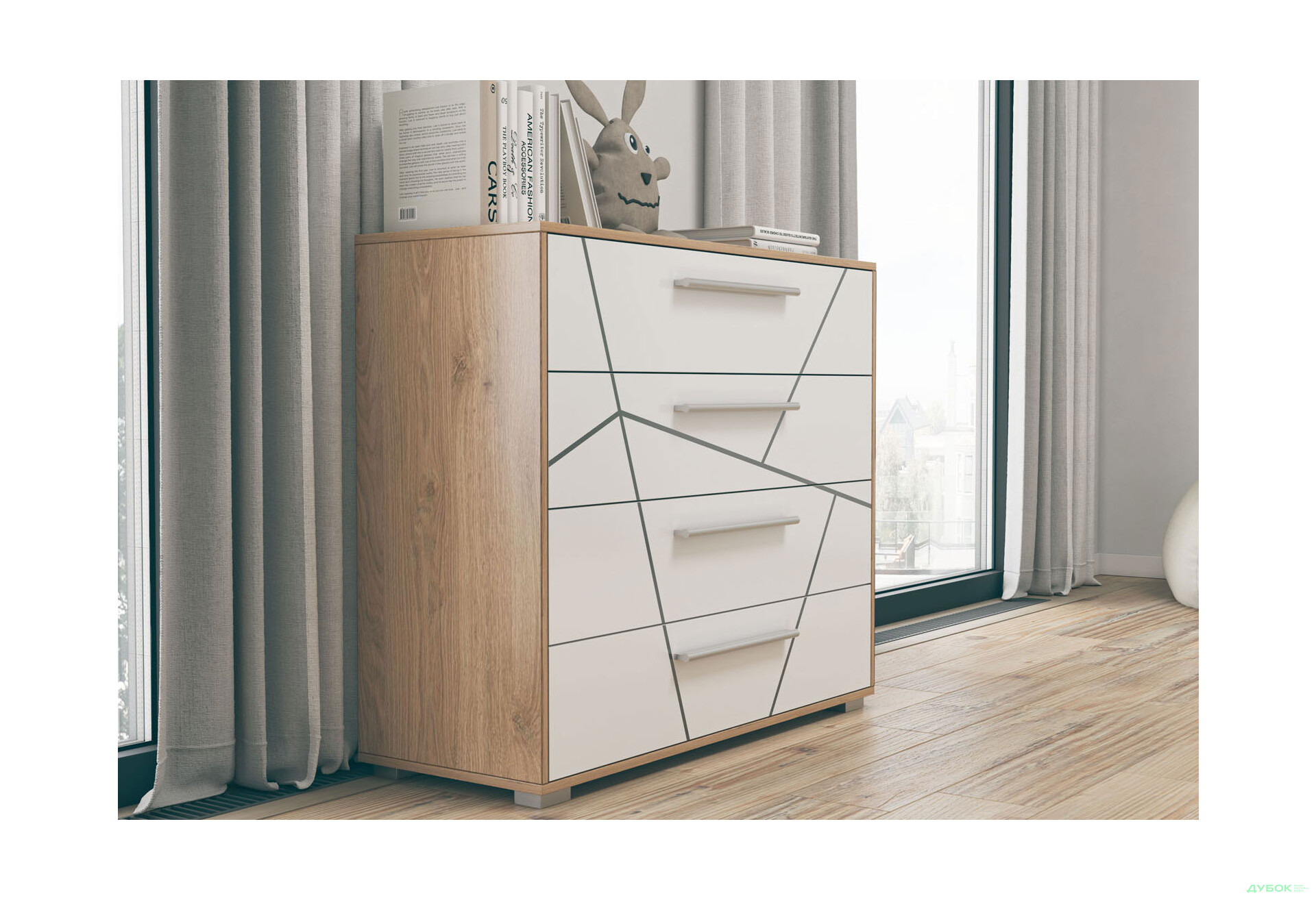 Комод Svit Mebliv Тони с 4 ящиками 100 см, Дуб артизан / нимфеа альба - Изображение 2 Изображение 2 - Комод Svit Mebliv Тони с 4 ящиками 100 см, Дуб артизан / нимфеа альба