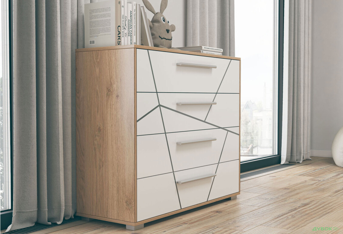 Комод Svit Mebliv Тони с 4 ящиками 100 см, Дуб артизан / нимфеа альба - Изображение 2 Изображение 2 - Комод Svit Mebliv Тони с 4 ящиками 100 см, Дуб артизан / нимфеа альба