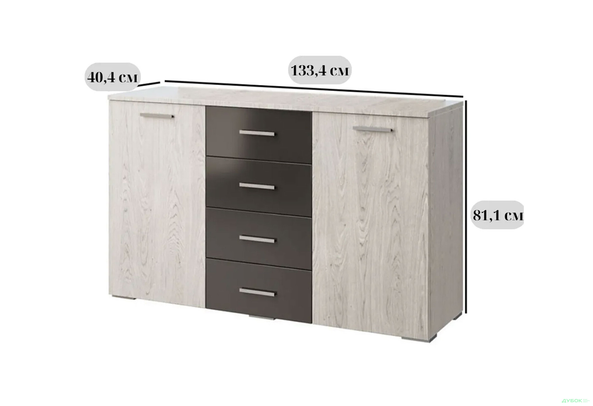 Комод Світ Меблів Лілея Нова 2-дверний з 4 шухлядами 133 см Артвуд світлий / Артвуд світлий, антрацит - Зображення 3 Зображення 3 - Комод Світ Меблів Лілея Нова 2-дверний з 4 шухлядами 133 см Артвуд світлий / Артвуд світлий, антрацит