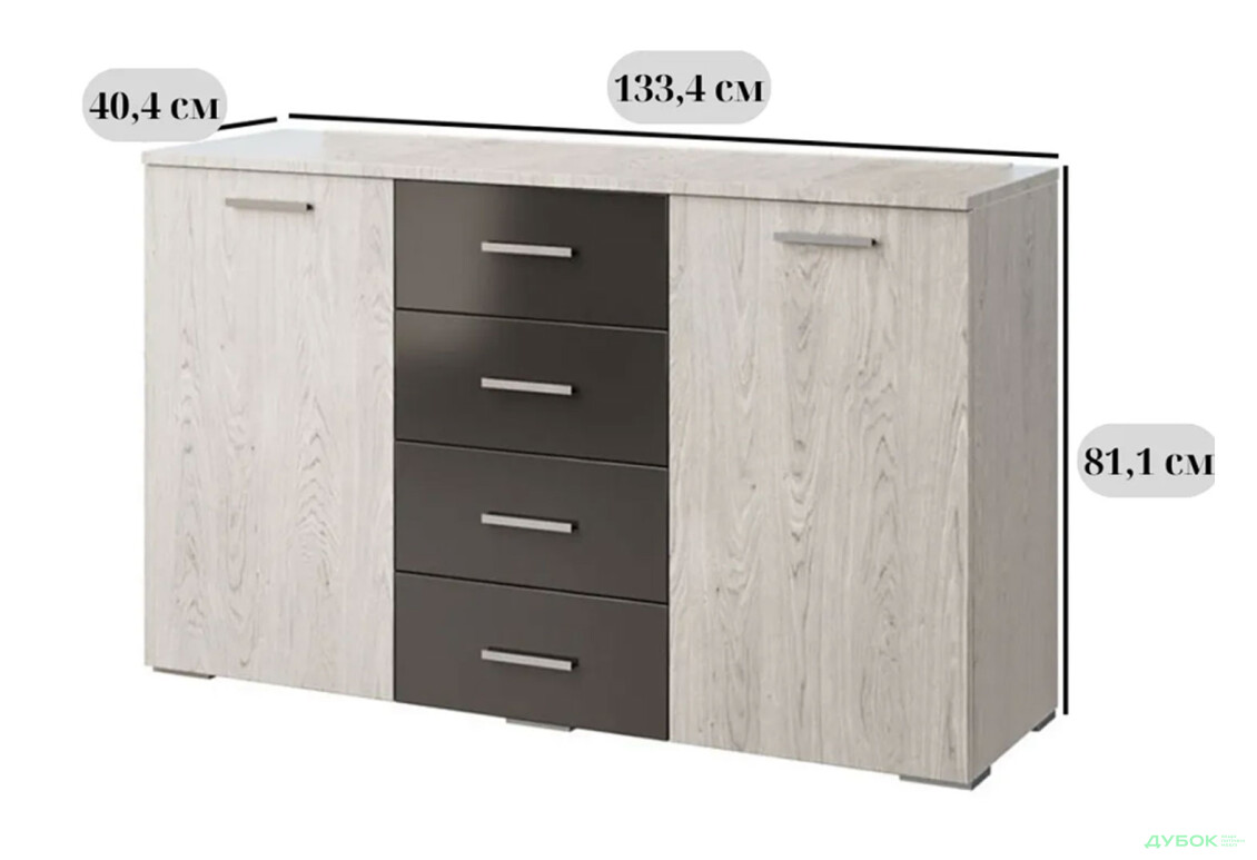 Комод Світ Меблів Лілея Нова 2-дверний з 4 шухлядами 133 см Артвуд світлий / Артвуд світлий, антрацит - Зображення 3 Зображення 3 - Комод Світ Меблів Лілея Нова 2-дверний з 4 шухлядами 133 см Артвуд світлий / Артвуд світлий, антрацит