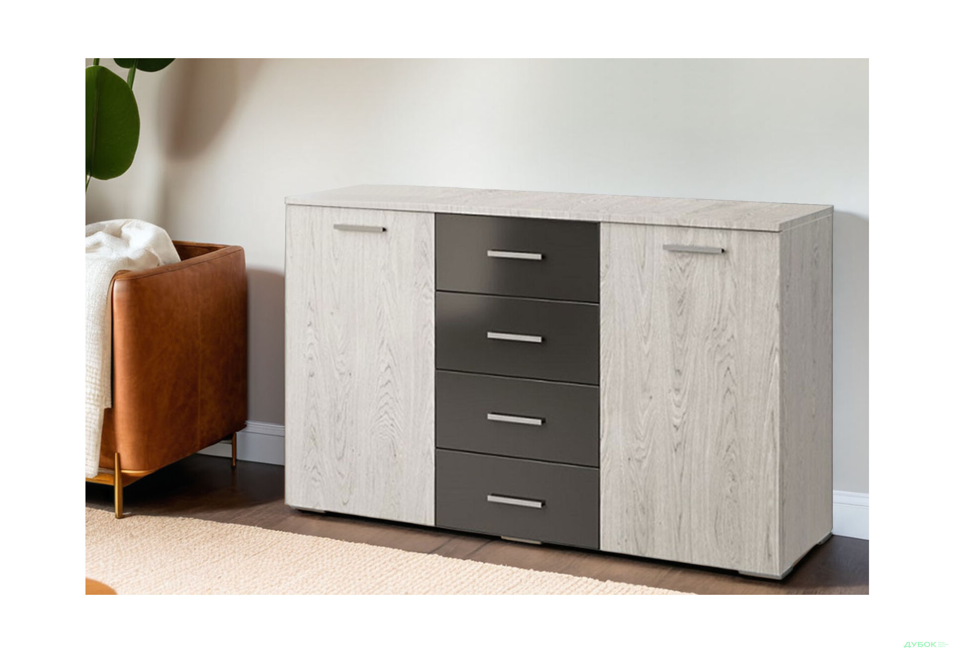 Комод Світ Меблів Лілея Нова 2-дверний з 4 шухлядами 133 см Артвуд світлий / Артвуд світлий, антрацит - Зображення 2 Зображення 2 - Комод Світ Меблів Лілея Нова 2-дверний з 4 шухлядами 133 см Артвуд світлий / Артвуд світлий, антрацит