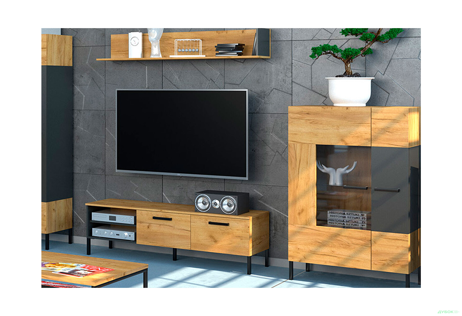 Тумба под ТВ VMV holding Сантес / Santes с 2 дверцами и полками 155 см дуб крафт золотой / антрацит - Изображение 2 Изображение 2 - Тумба под ТВ VMV holding Сантес / Santes с 2 дверцами и полками 155 см дуб крафт золотой / антрацит