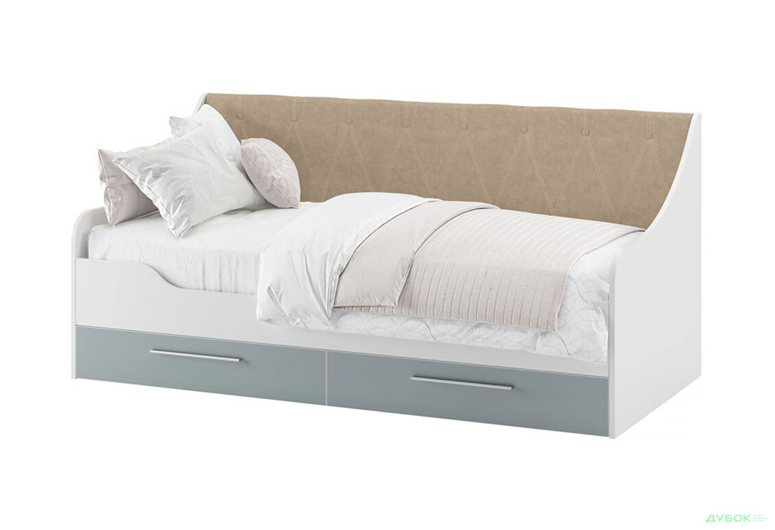 Кровать Svit Mebliv Твист 90х200 см (без вклада) с ящиками, белый / холодный голубой, ткань беж