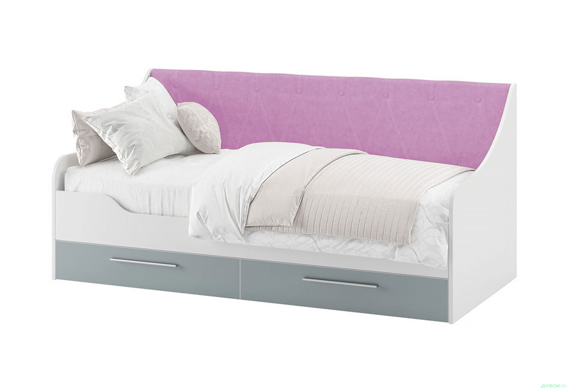 Фото 1 - Ліжко Світ Меблів Твіст 90х200 см (без вкладу) з шухлядами, білий / холодний блакитний, тканина рожева