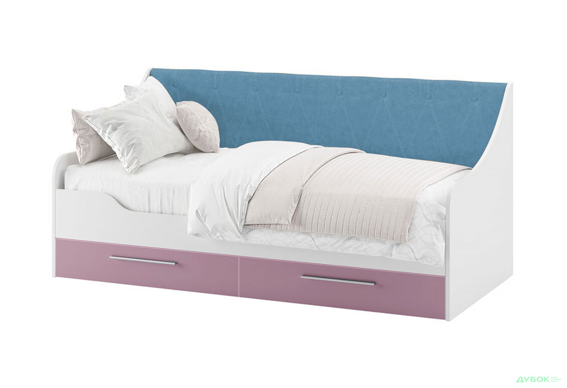 Кровать Svit Mebliv Твист 90х200 см (без вклада) с ящиками, белый / виола, ткань холодный голубой