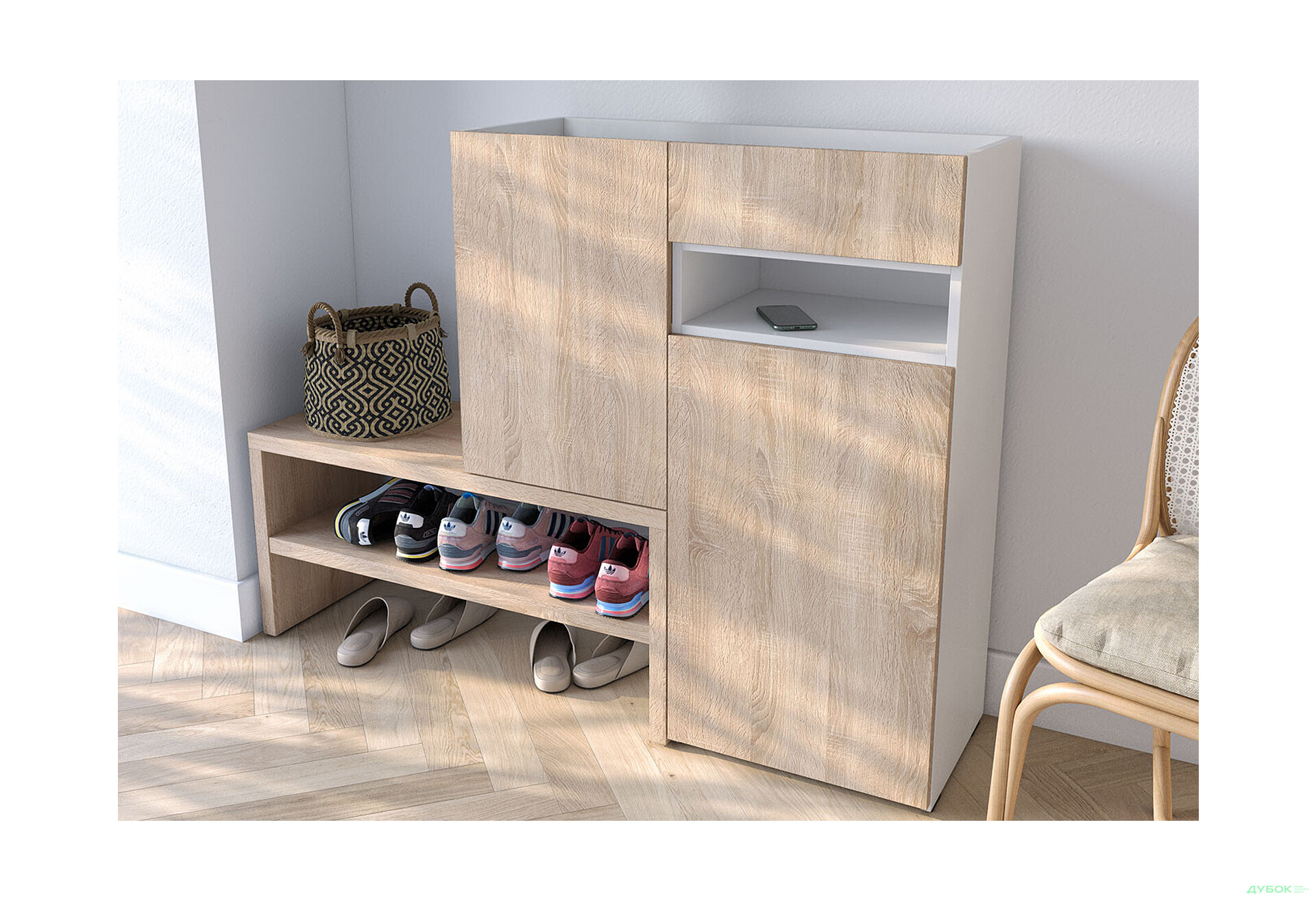 Изображение 2 - Тумба для обуви Moreli RS-4 с дверцами, полками и ящиком 85 см белый / дуб сонома