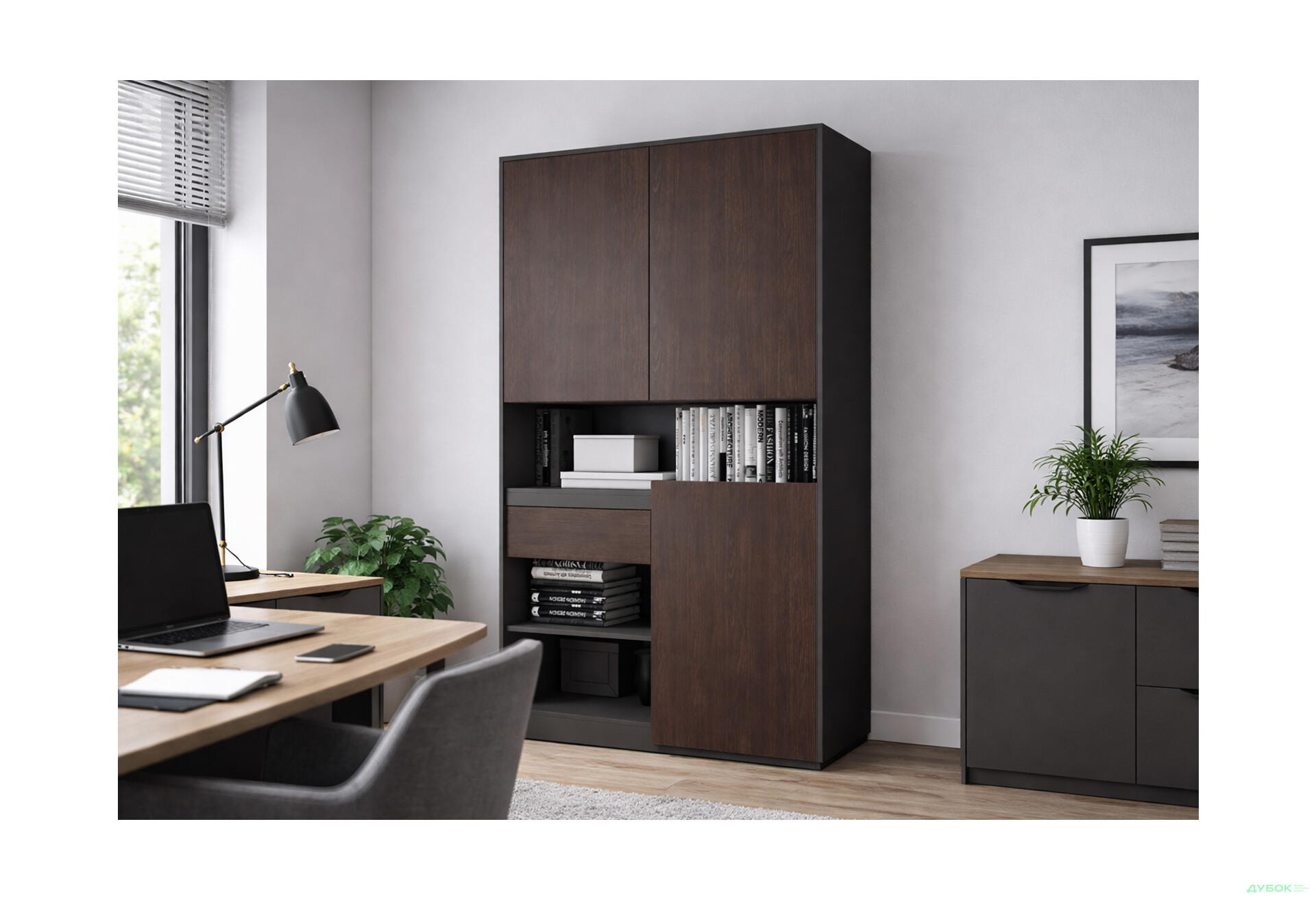 Зображення 2 - Пенал Moreli RS-1 з полицями, дверцятами та шухлядою 124 см антрацит венге магія